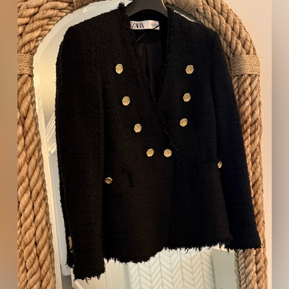 Zara Tweed Black Blazer Gold Buttons